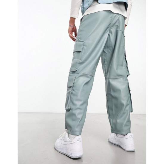 leather look cargo pants in blue