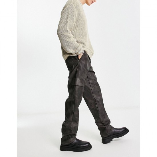 relaxed cargo trousers in washed leather look