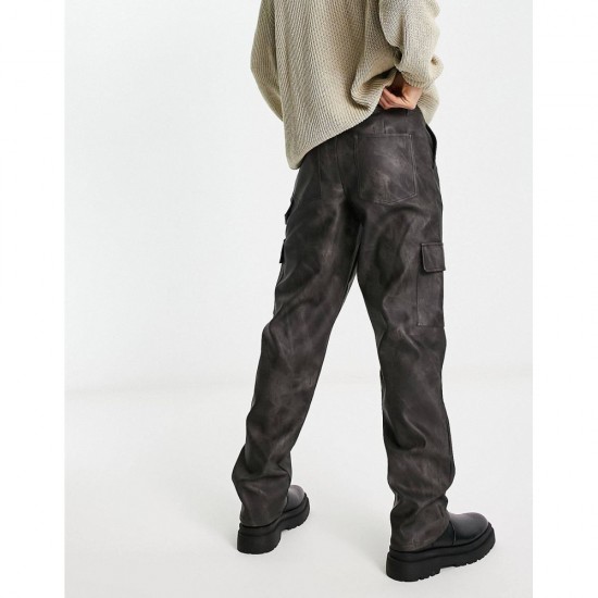 relaxed cargo trousers in washed leather look