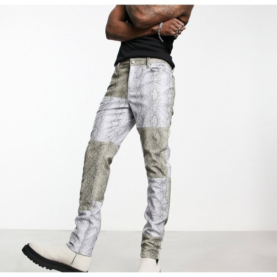 skinny jeans in gray snake print croc leather look with contrast panels