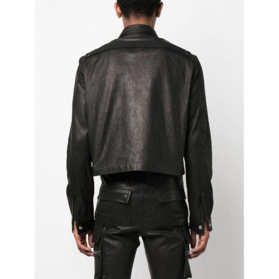 front press-stud fastening leather jacket