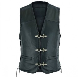 Plain Mens Leather Waistcoat Motorcycle Biker Vest Black with Hooks