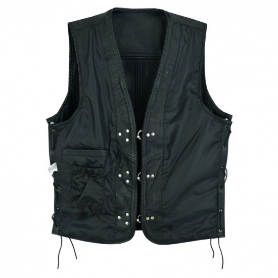 Plain Mens Leather Waistcoat Motorcycle Biker Vest Black with Hooks